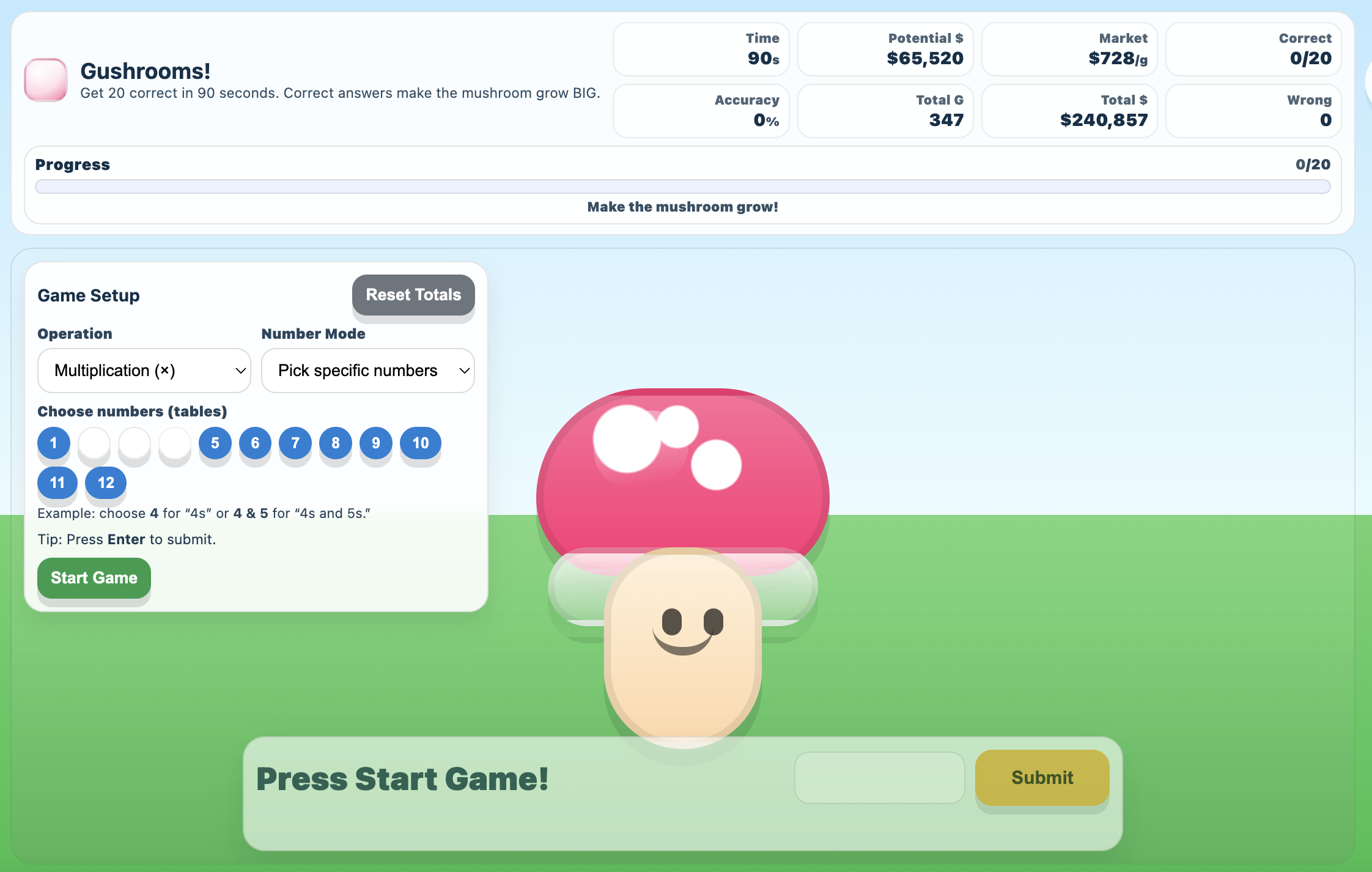 Gushrooms! - A speed-based math facts game!